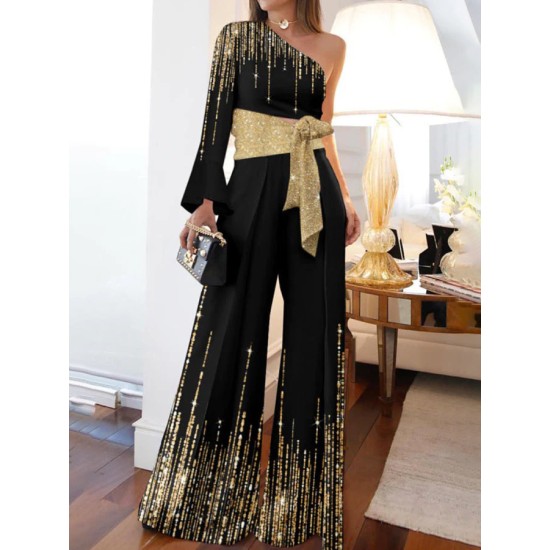 Long Sleeves Loose Printed Shiny Tied Waist One-Shoulder Jumpsuits Bottoms