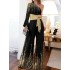 Long Sleeves Loose Printed Shiny Tied Waist One-Shoulder Jumpsuits Bottoms