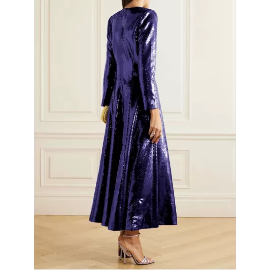 Sequined Solid Color A-line Long Sleeves V-neck Maxi Dresses