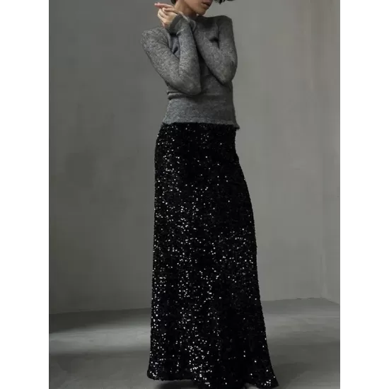 Sequined Split-Joint H-Line Loose Skirts