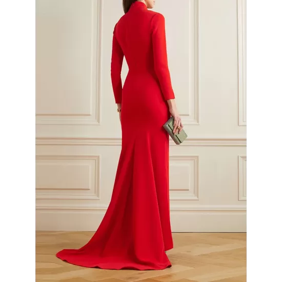 Long Sleeves Solid Color Half Turtleneck Evening Dresses Maxi Dresses