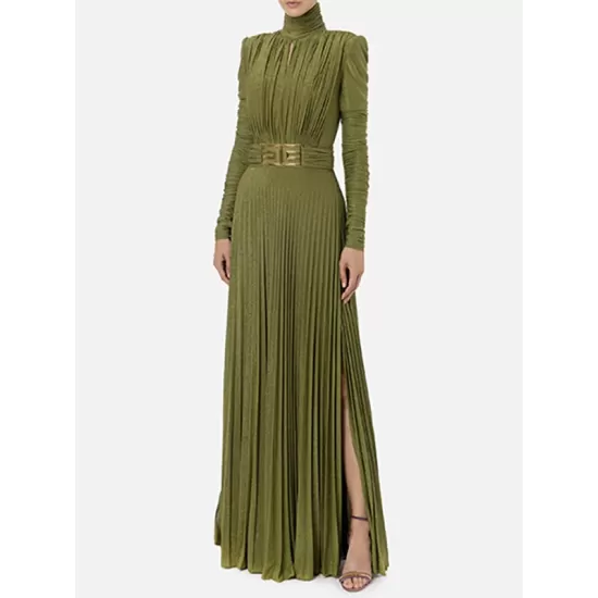 Long Sleeves Pleated Solid Color Split-Side V-Back High-Neck Evening Dresses Maxi Dresses