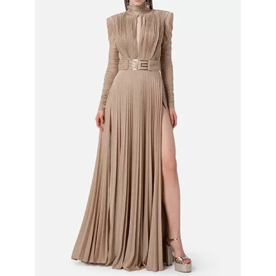 Long Sleeves Pleated Solid Color Split-Side V-Back High-Neck Evening Dresses Maxi Dresses