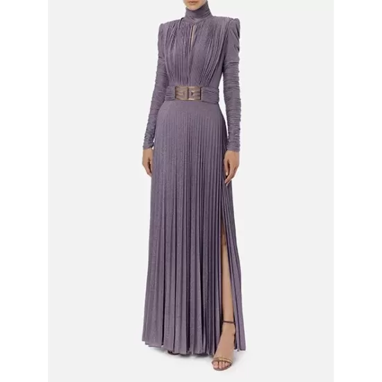 Long Sleeves Pleated Solid Color Split-Side V-Back High-Neck Evening Dresses Maxi Dresses