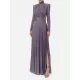 Long Sleeves Pleated Solid Color Split-Side V-Back High-Neck Evening Dresses Maxi Dresses