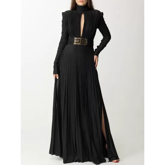 Long Sleeves Pleated Solid Color Split-Side V-Back High-Neck Evening Dresses Maxi Dresses