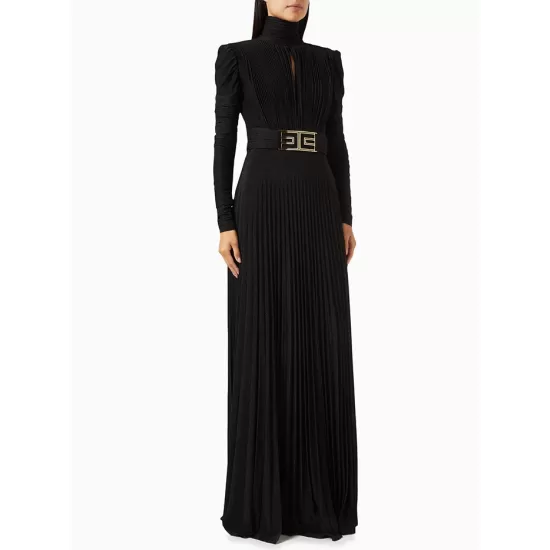 Long Sleeves Pleated Solid Color Split-Side V-Back High-Neck Evening Dresses Maxi Dresses