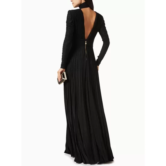 Long Sleeves Pleated Solid Color Split-Side V-Back High-Neck Evening Dresses Maxi Dresses