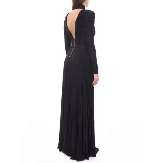 Long Sleeves Pleated Solid Color Split-Side V-Back High-Neck Evening Dresses Maxi Dresses