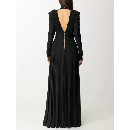 Long Sleeves Pleated Solid Color Split-Side V-Back High-Neck Evening Dresses Maxi Dresses