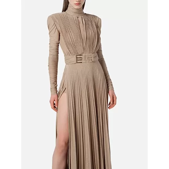 Long Sleeves Pleated Solid Color Split-Side V-Back High-Neck Evening Dresses Maxi Dresses