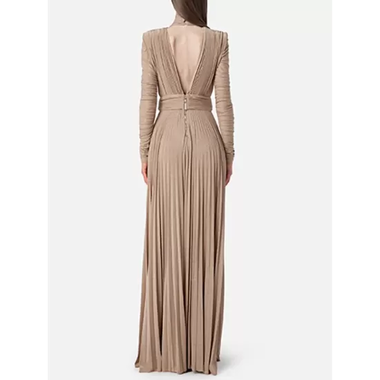 Long Sleeves Pleated Solid Color Split-Side V-Back High-Neck Evening Dresses Maxi Dresses