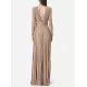 Long Sleeves Pleated Solid Color Split-Side V-Back High-Neck Evening Dresses Maxi Dresses