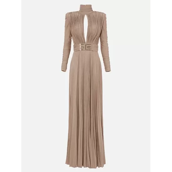 Long Sleeves Pleated Solid Color Split-Side V-Back High-Neck Evening Dresses Maxi Dresses