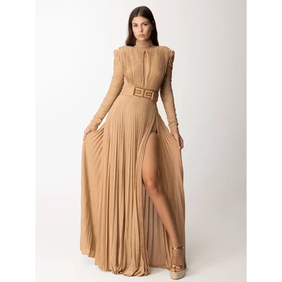 Long Sleeves Pleated Solid Color Split-Side V-Back High-Neck Evening Dresses Maxi Dresses