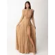 Long Sleeves Pleated Solid Color Split-Side V-Back High-Neck Evening Dresses Maxi Dresses