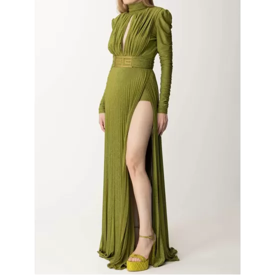 Long Sleeves Pleated Solid Color Split-Side V-Back High-Neck Evening Dresses Maxi Dresses