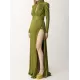 Long Sleeves Pleated Solid Color Split-Side V-Back High-Neck Evening Dresses Maxi Dresses