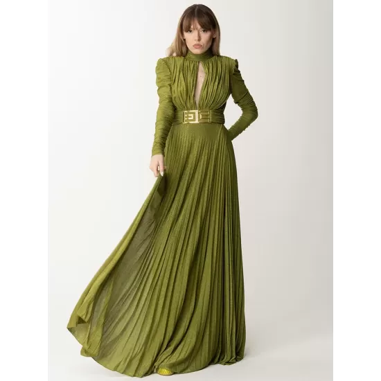 Long Sleeves Pleated Solid Color Split-Side V-Back High-Neck Evening Dresses Maxi Dresses