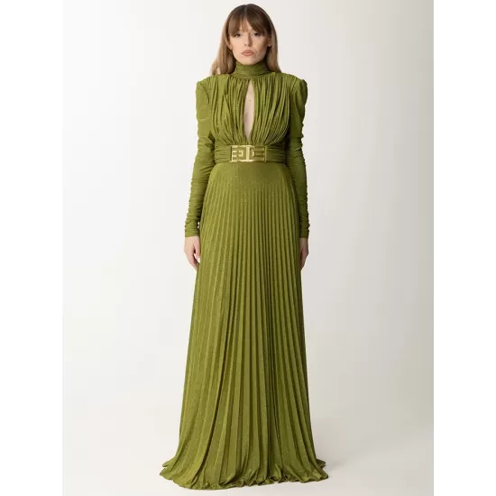 Long Sleeves Pleated Solid Color Split-Side V-Back High-Neck Evening Dresses Maxi Dresses