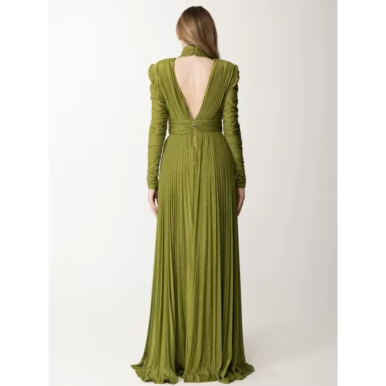 Long Sleeves Pleated Solid Color Split-Side V-Back High-Neck Evening Dresses Maxi Dresses