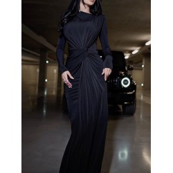 Solid Color Long Sleeves Mermaid Round-neck Maxi Dresses Evening Dresses