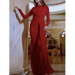 Solid Color Long Sleeves Mermaid Round-neck Maxi Dresses Evening Dresses