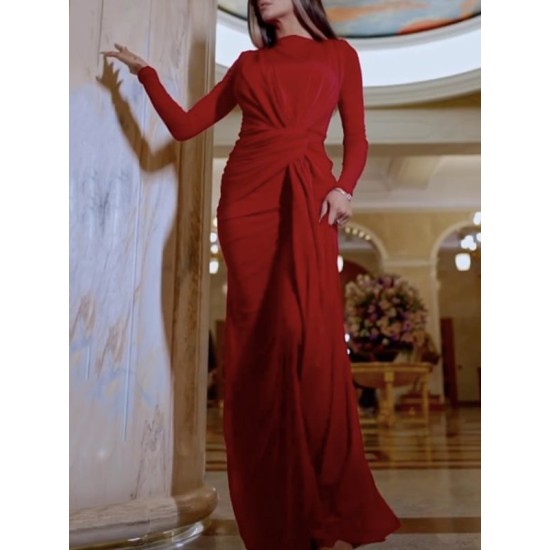 Solid Color Long Sleeves Mermaid Round-neck Maxi Dresses Evening Dresses