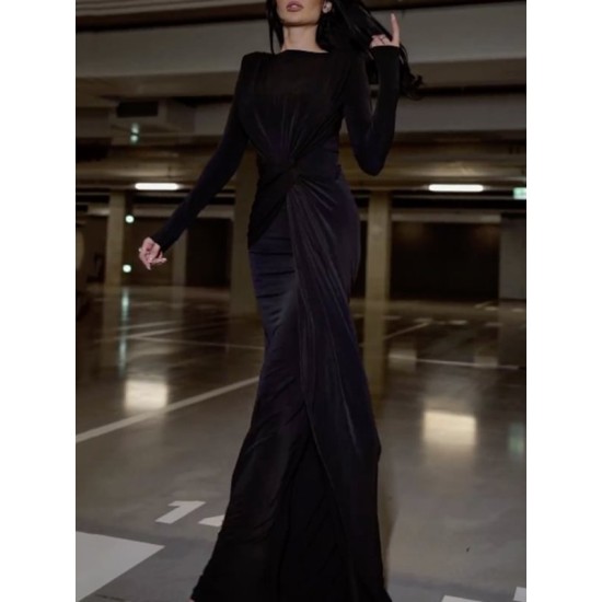 Solid Color Long Sleeves Mermaid Round-neck Maxi Dresses Evening Dresses