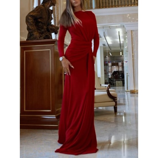 Solid Color Long Sleeves Mermaid Round-neck Maxi Dresses Evening Dresses