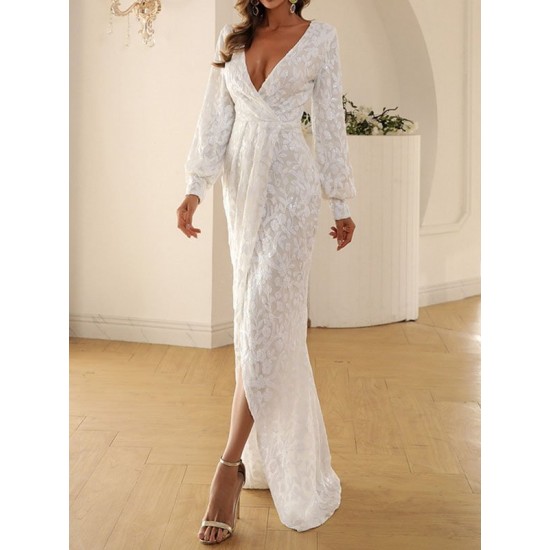 Sequined Solid Color Split-Front Tied Waist Bodycon Long Sleeves V-Neck Maxi Dresses