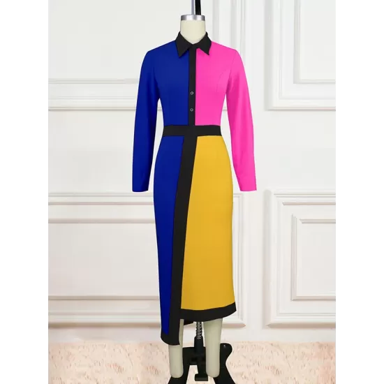 Asymmetric Buttoned Contrast Color Split-back High Waisted Long Sleeves Lapel Midi Dresses