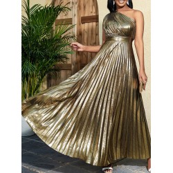 Asymmetric Pleated Shiny Solid Color High Waisted Loose One-shoulder Maxi Dresses