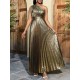 Asymmetric Pleated Shiny Solid Color High Waisted Loose One-shoulder Maxi Dresses