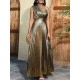 Asymmetric Pleated Shiny Solid Color High Waisted Loose One-shoulder Maxi Dresses