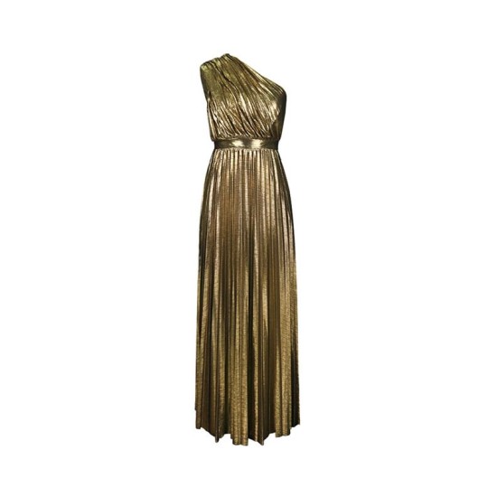 Asymmetric Pleated Shiny Solid Color High Waisted Loose One-shoulder Maxi Dresses