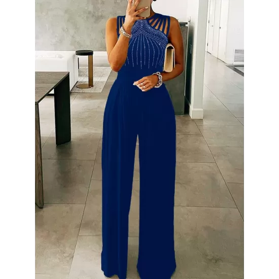 Hollow Rhinestone Sleeveless Wide Leg Jumpsuits