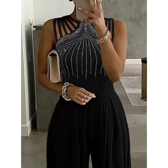 Hollow Rhinestone Sleeveless Wide Leg Jumpsuits