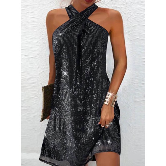 Hollow Sequined Solid Color A-Line Loose Halter-Neck Mini Dresses