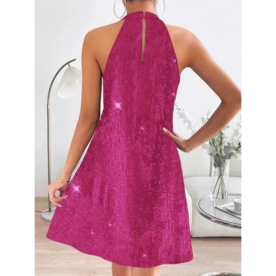 Hollow Sequined Solid Color A-Line Loose Halter-Neck Mini Dresses