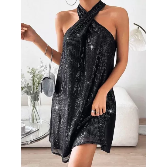 Hollow Sequined Solid Color A-Line Loose Halter-Neck Mini Dresses