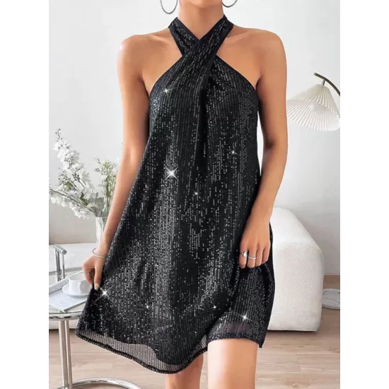 Hollow Sequined Solid Color A-Line Loose Halter-Neck Mini Dresses