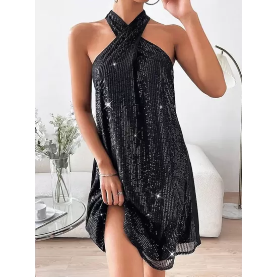 Hollow Sequined Solid Color A-Line Loose Halter-Neck Mini Dresses