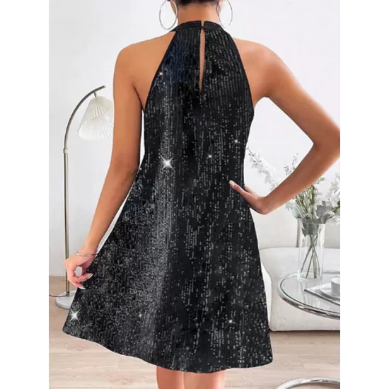 Hollow Sequined Solid Color A-Line Loose Halter-Neck Mini Dresses