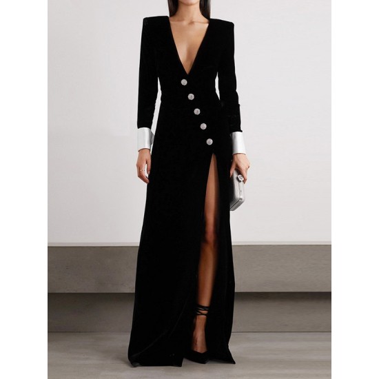 Asymmetric Buttoned Shoulder Pad Split-Front Long Sleeves Skinny Deep V-Neck Maxi Dresses