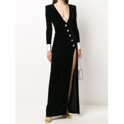 Asymmetric Buttoned Shoulder Pad Split-Front Long Sleeves Skinny Deep V-Neck Maxi Dresses