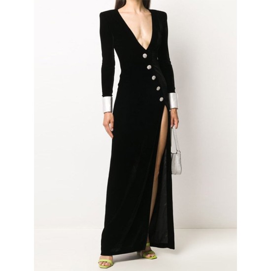 Asymmetric Buttoned Shoulder Pad Split-Front Long Sleeves Skinny Deep V-Neck Maxi Dresses