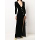 Asymmetric Buttoned Shoulder Pad Split-Front Long Sleeves Skinny Deep V-Neck Maxi Dresses