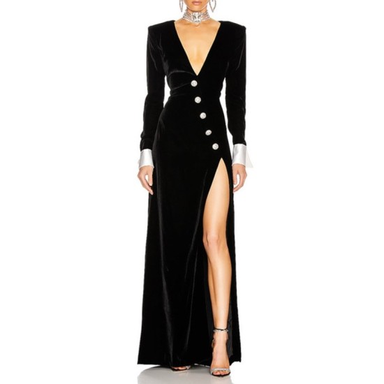 Asymmetric Buttoned Shoulder Pad Split-Front Long Sleeves Skinny Deep V-Neck Maxi Dresses