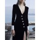 Asymmetric Buttoned Shoulder Pad Split-Front Long Sleeves Skinny Deep V-Neck Maxi Dresses